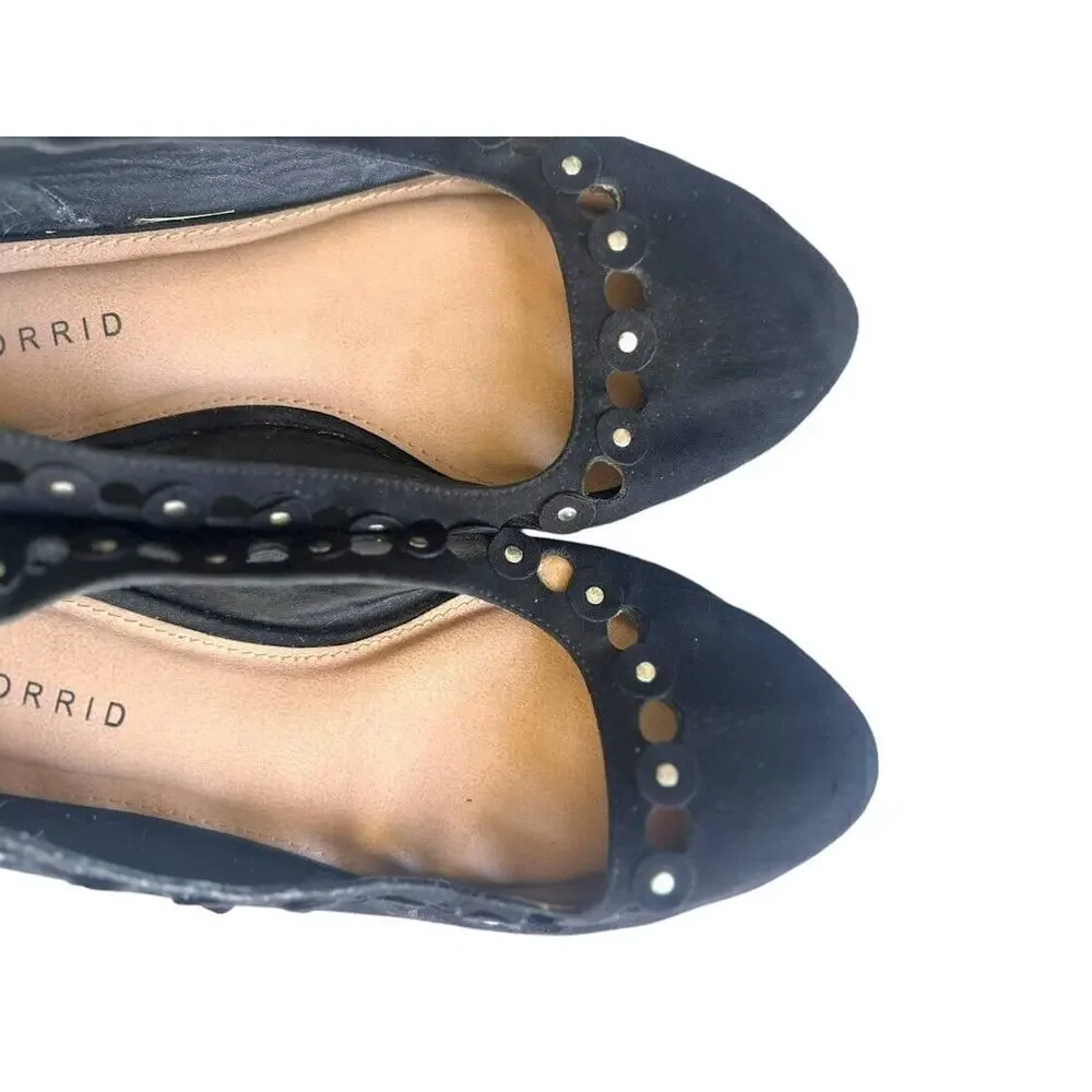 Torrid Black‎ Ballet Flats Faux Suede Vegan Laser Cut Studded Black Size 8.5W